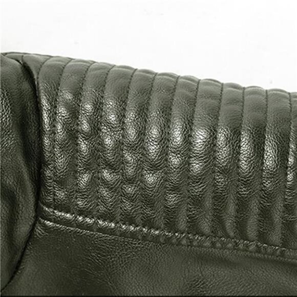 Army Green Faux Leather‎ Military Jacket Slim Fit Moto Biker Bomber Jacket Coat - Picture 4 of 9